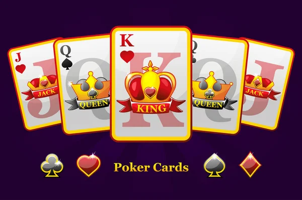 Rei, rainha e valete Jogos de cartas com coroa e fita. Símbolos de poker para casino e gráfico GUI . —  Vetores de Stock