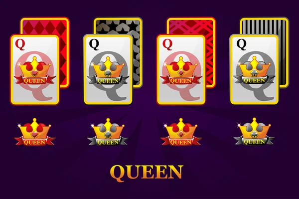 Satz von vier Damen, die Karten für Poker und Casino spielen. Herz, Pik, Kreuz und Karo-Königin. — Stockvektor