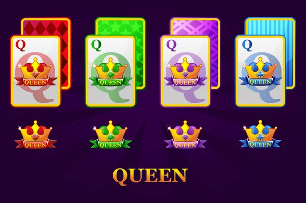 Conjunto de cuatro Queens jugando palos de cartas para el póquer y el casino. Conjunto de corazones, picas, palos y diamantes Reina . — Archivo Imágenes Vectoriales