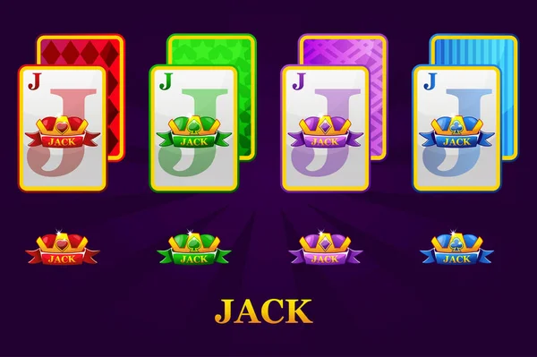 Conjunto de quatro Jacks jogando cartas ternos para pôquer e cassino. Conjunto de corações, espadas, paus e diamantes Jack . —  Vetores de Stock