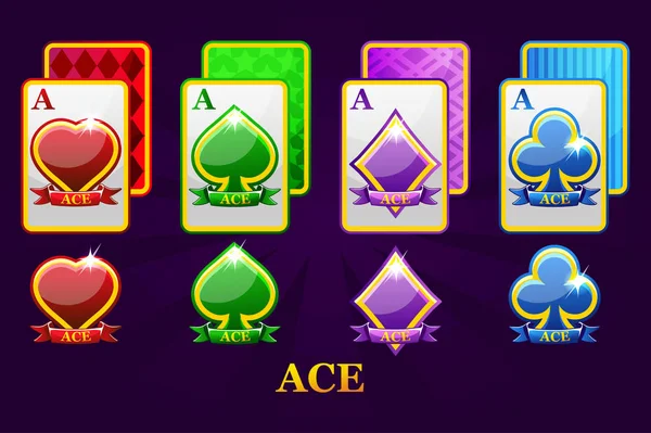Set van vier Aces speelkaarten pakken voor poker en casino. Set harten, schoppen, clubs en diamanten ACE. — Stockvector
