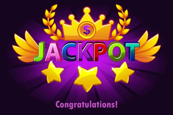 Jackpot Casino label met vallende sterren op Violet achtergrond. Casino jackpot winner Awards met gekleurde tekst en vleugels. Vector objecten op afzonderlijke lagen. — Stockvector