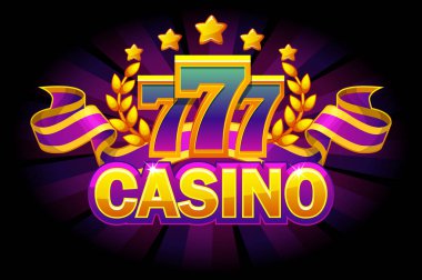 777 ve mor arka plan üzerinde kurdele ile Casino afiş. Ayrı katmanlarda vektör simgeleri.