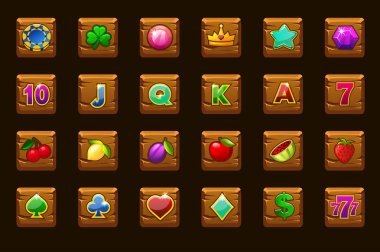 Ahşap kare üzerinde slot makineleri veya casino için büyük set oyun simgeleri. Oyun casino, yuvası, Ui. Ayrı katmanlarda vektör simgeleri.