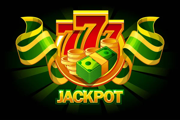 Ícone de jackpot com moedas, dinheiro e 777. Prémios Casino — Vetor de Stock