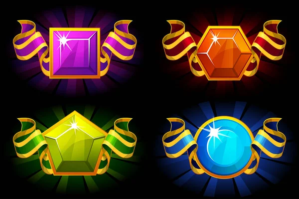 Prix avec pierre précieuse et ruban de différentes couleurs. icônes de dessin animé vectoriel pour les ressources du jeu UI . — Image vectorielle