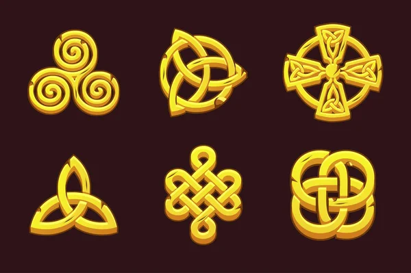 Símbolos celtas dorados. Conjunto de dibujos animados iconos celtas . — Archivo Imágenes Vectoriales