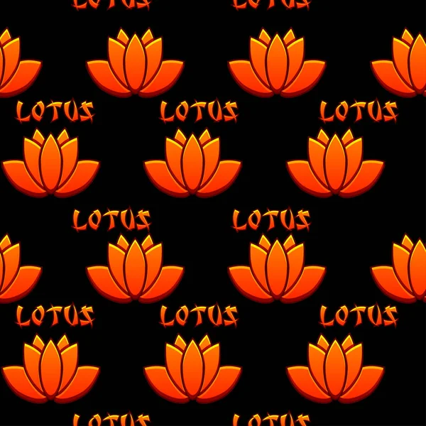 Seamless pattern Lotus. Vector red icons and text LOTUS on black background. Background and icons on separate layers