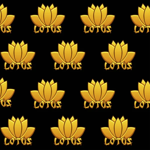 Modèle sans couture Lotus. Icônes vectorielles en or et texte LOTUS sur fond noir. Fond et icônes sur des couches séparées — Image vectorielle