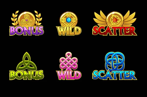 Iconos celtas. Vector iconos wild, bonus y scatter. Para juegos, tragamonedas, desarrollo de juegos . — Vector de stock