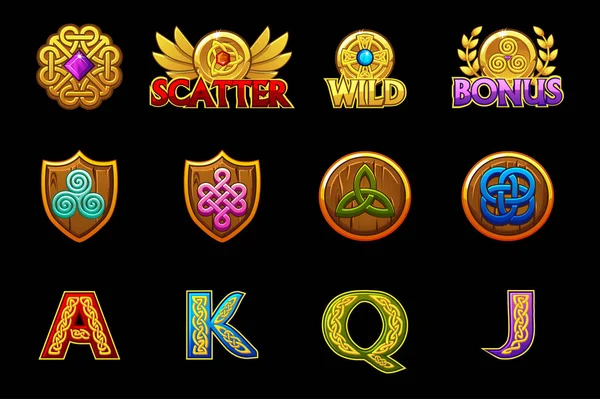 Celta iconos para máquinas de casino tragamonedas juego con símbolos celtas. Vector ranuras iconos en capas separadas . — Vector de stock