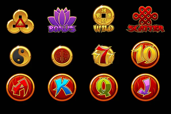 China icons for casino machines slots game with Chiese Symbols. Slots icons on separate layers. — Stock Vector