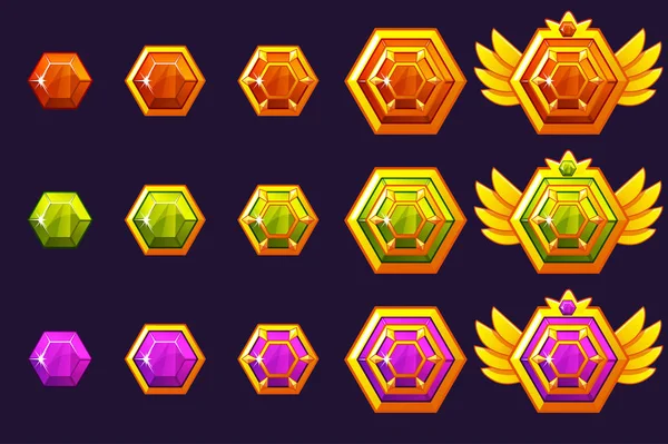 Les pierres précieuses récompensent les progrès. Amulettes dorées serties de bijoux hexaèdre. Actifs d'icônes vectorielles pour la conception de jeux . — Image vectorielle