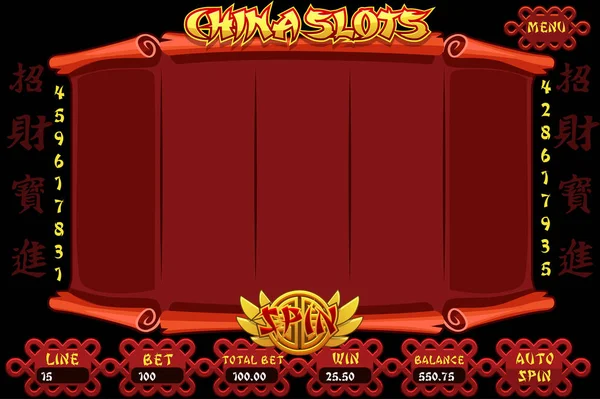 Игровой автомат China Casino. Векторный полный интерфейс Китайская слот-машина и кнопки. Китайские иероглифы, символизирующие удачу и судьбу — стоковый вектор