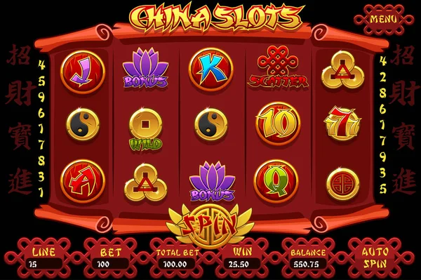 China Casino Spielautomaten Spiel und Symbole. Vektor komplette Schnittstelle chinesischen Spielautomaten und Tasten. Chinesische Schriftzeichen für Glück und Glück — Stockvektor