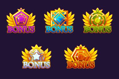 Bonus simgeleri ayarlayın. Vektör renkli mücevher taşları. Taşlar ile ödüller. Casino ve ui için oyun varlığı