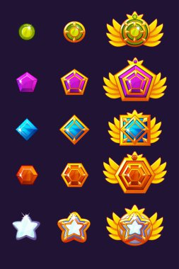 Set Gems ödül ilerleme. Mücevherile ayarlanmış altın tılsımlar. Oyun tasarımı için vektör simgeleri varlıkları.