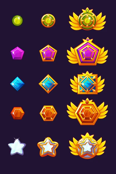 Establece el progreso del premio Gems. Amuletos dorados engastados con joyas. Vector iconos activos para el diseño del juego . — Vector de stock