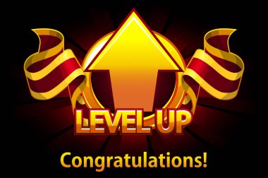 Seviye Yukarı simgesi, oyun ekranı. Ok ve kırmızı ödül kurdeleli vektör çizimi. Grafik kullanıcı arayüzü Gui 2d oyunlar oluşturmak için. Gündelik oyun. Mobil veya web oyununda kullanılabilir.