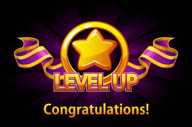 Seviye Yukarı simgesi, oyun ekranı. Altın yıldız ve puple ödül kurdele ile Vektör illüstrasyon. Grafik kullanıcı arayüzü Gui 2d oyunlar oluşturmak için. Gündelik oyun. Mobil veya web oyununda kullanılabilir.