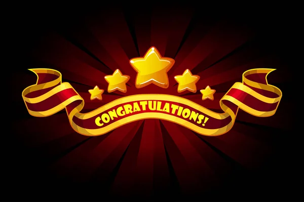 Gratulálunk banner game UI. Díjak piros szalag és arany csillag. Átvevő a rajzfilm eredmény játék képernyőjén. — Stock Vector
