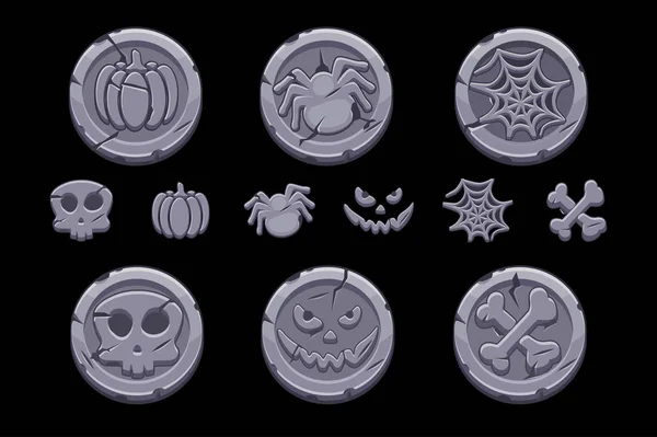 Moneda de piedra de juego. Establecer monedas de dibujos animados vectoriales con símbolos de Halloween para jugar interfaz de usuario del juego — Vector de stock