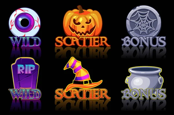 Halloween slots iconen. Wild, bonus en Scatter iconen voor slots machine in Halloween stijl — Stockvector