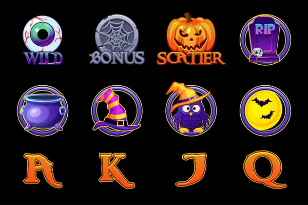 Symbole für Halloween-Spielautomaten. Set Symbole für Spielautomaten im Halloween-Stil — Stockvektor