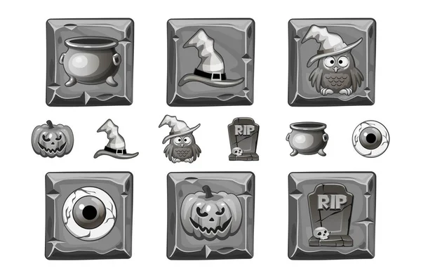 Ícones de Halloween em pedra quadrada. Ícone de estilo Halloween definido na cor branqueada — Vetor de Stock