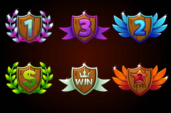 Conjunto de escudos, prémios vetoriais ou ícones. Prémios 1, 2, 3. Para jogo, interface de usuário, banner, aplicação, interface, slots, desenvolvimento de jogos . — Vetor de Stock