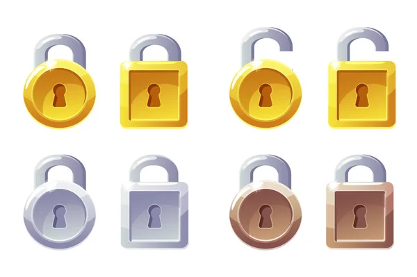 Ícone de cadeado com forma quadrada e redonda. Vector GUI Level Lock. Cadeados de ouro, prata e bronze . — Vetor de Stock