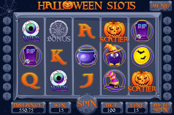 Gioco di slot machine in stile Halloween Casino. Interfaccia completa Slot Machine, pulsanti e icone su strati separati. Sfondo per gioco di slot . — Vettoriale Stock