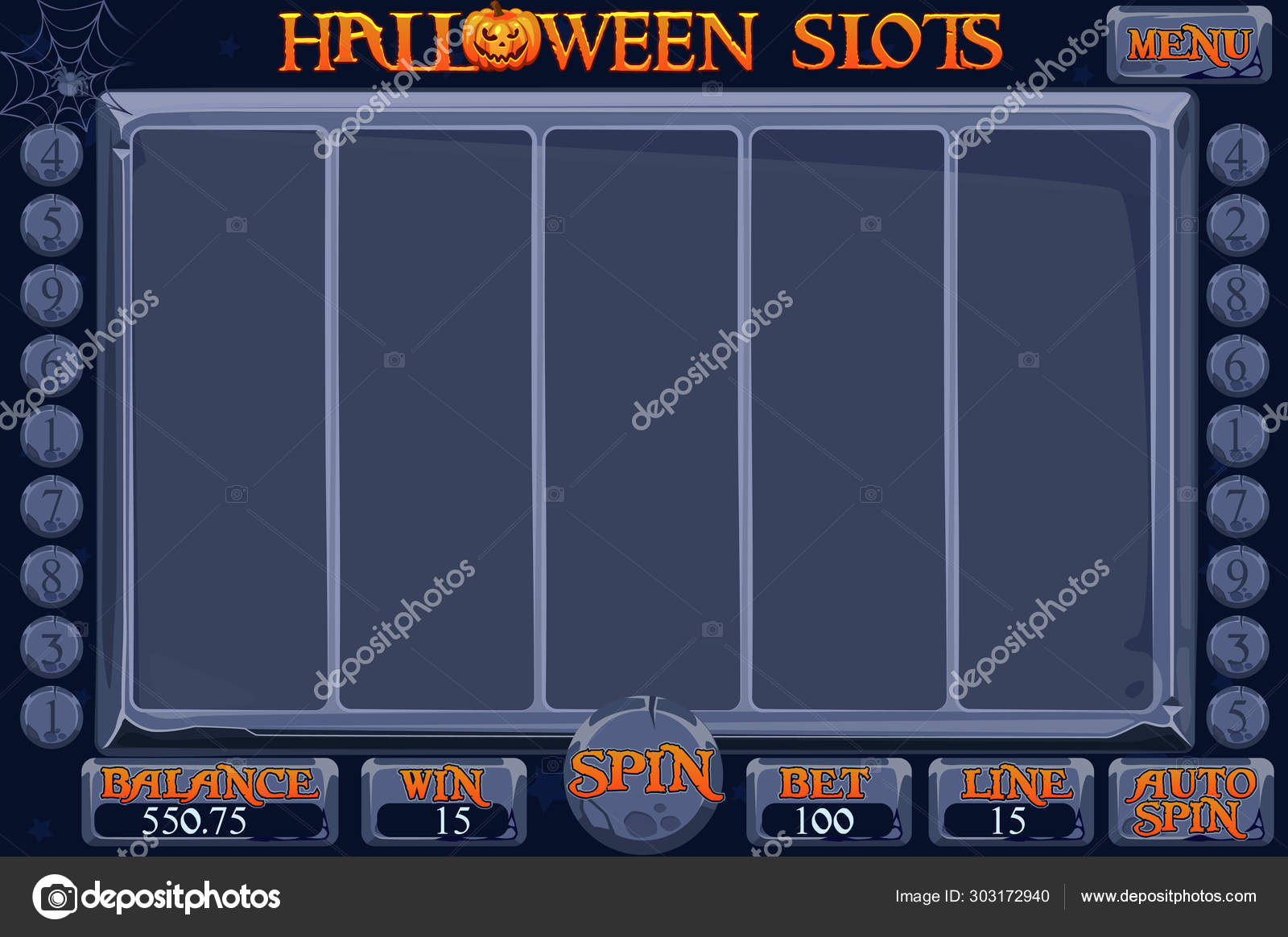 万圣节风格的赌场老虎机游戏。完整的接口老虎机和按钮在单独的层。插槽游戏的背景. 图库矢量图©BabySofja.gmail.com 303172940