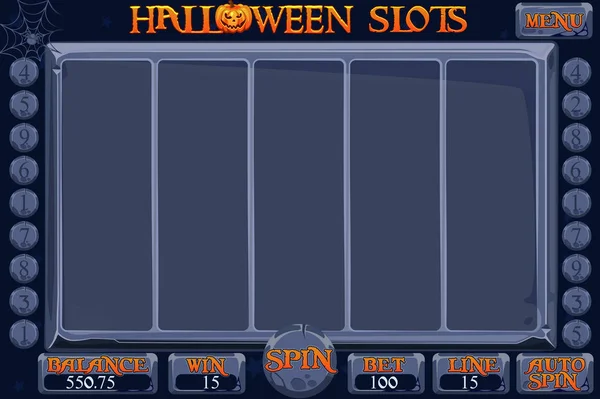 Gioco di slot machine in stile Halloween Casino. Macchina mangiasoldi d'Interfaccia completa e pulsanti su strati separati. Sfondo per gioco di slot . — Vettoriale Stock