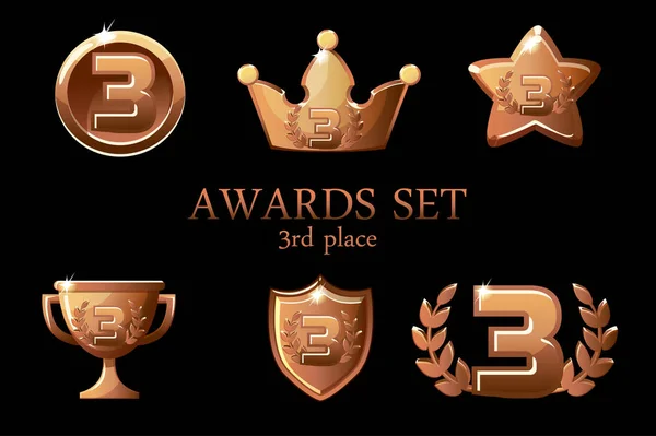 Trofej sbírky Awards. Bronzové ikony jsou nastaveny na 3. místo pro vítěze, cenu trofeje, vítězství, korunka úspěchu, vektorová ilustrace — Stockový vektor
