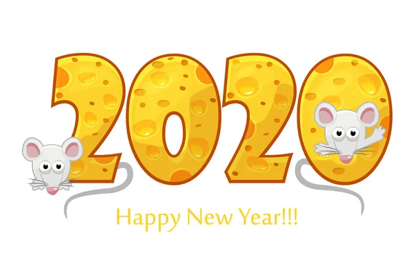 З Новим 2020 роком, роком щура. Текстурований текст 2020 року з ефектом сиру та мультяшними щурами. Ізольовані на білому тлі . — стоковий вектор