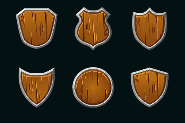 Vetor escudos de madeira em forma diferente. Escudo medieval modelo vazio . — Vetor de Stock
