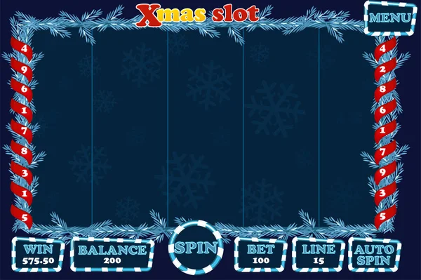 Christmas Slot, interfejs gry Ui i przyciski w kolorze niebieskim. Pełne menu dla kasyna gry — Wektor stockowy