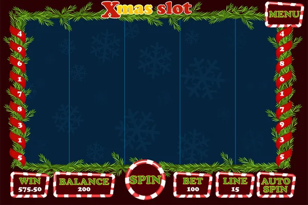 Рождественский слот, интерфейс пользовательского интерфейса игры и кнопки. Полное меню игры казино — стоковый вектор