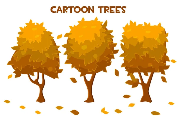 Set of vector isolated cartoon autumn trees and leaf fall. — Stock Vector