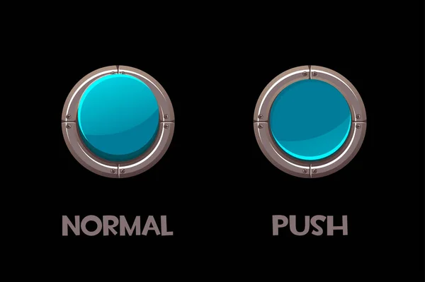 Векторні Ізольовані Круглі Металеві Кнопки Натискають Нормальні Блакитні Кнопки Інтерфейсу — стоковий вектор