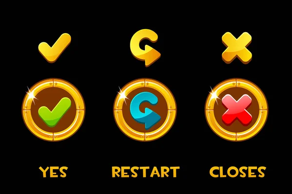 Collection de boutons et icônes dorés isolés vectoriels oui, redémarrage, fermé . — Image vectorielle