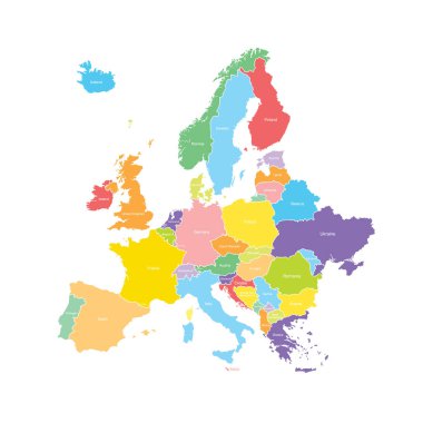 Avrupa, yeleli siluet haritası. Beyaz arka planda çok detaylı bir harita var. Vektör illüstrasyonu.