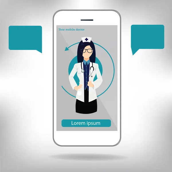 Läkare hand som håller ett stetoskop genom telefonens skärm kontrollera puls. Tele, online, remote medicin platt konceptet illustration. — Stock vektor