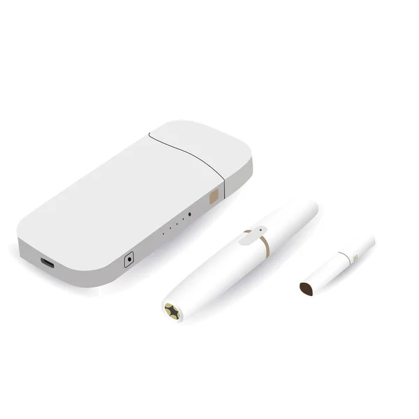 吸烟, 白色设备, 加热烟草系统, 最新的电子香烟, 矢量 — 图库矢量图片
