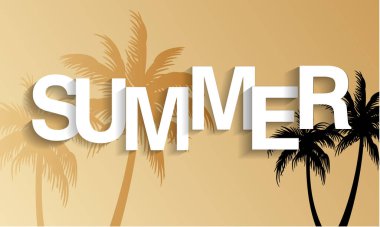 Altın bir arka planda yaz zamanı vektör afişi ya da poster. Palmiye yaprakları ve gölgeler. Vektör illüstrasyonu Merhaba yaz afişi.