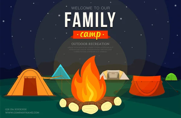 キャンプ テント家族の冒険キャンプのキャンプファイヤーとポスター ベクトル図 フラット スタイル — ストックベクタ