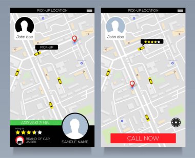 Yer hizmet kavramı. taksi hizmeti app üstünde hareket eden telefon almak. Smartphone ile taksi tut. Vektör eps10
