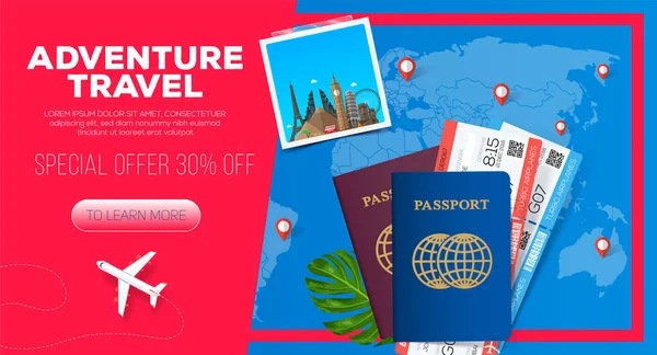 探险旅行横幅 带票的护照 商务旅行插图 — 图库矢量图片