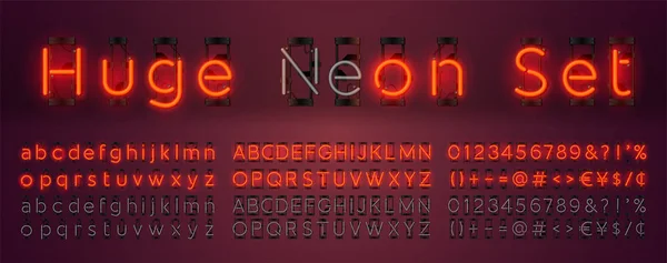 Mega riesige neon set glühende alphabet mit groß- und kleinbuchstaben, vektorschrift. Leuchtender Texteffekt. Lampe an und aus. Neonzahlen und Satzzeichen. isoliert auf rotem Hintergrund. — Stockvektor